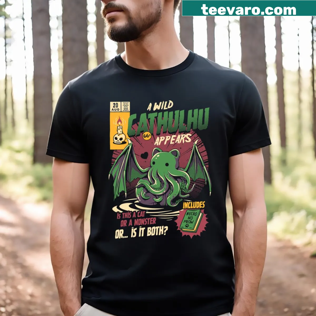 Cute Cathulhu t-shirt featuring a cat with tentacles — on a men's t-shirt
