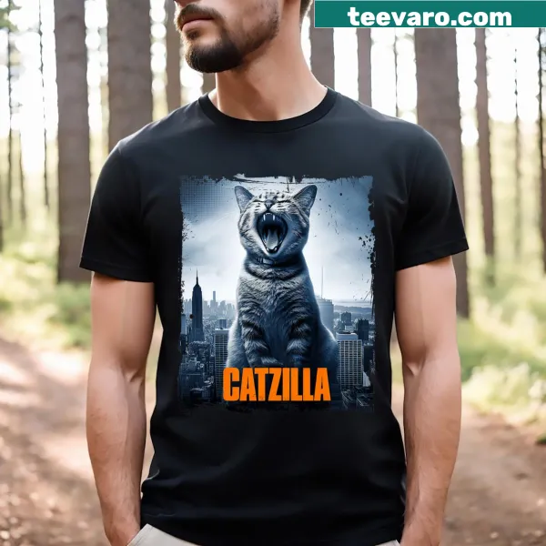 T-shirt featuring Catzilla graphic in a humorous Japanese art style for cat lovers.