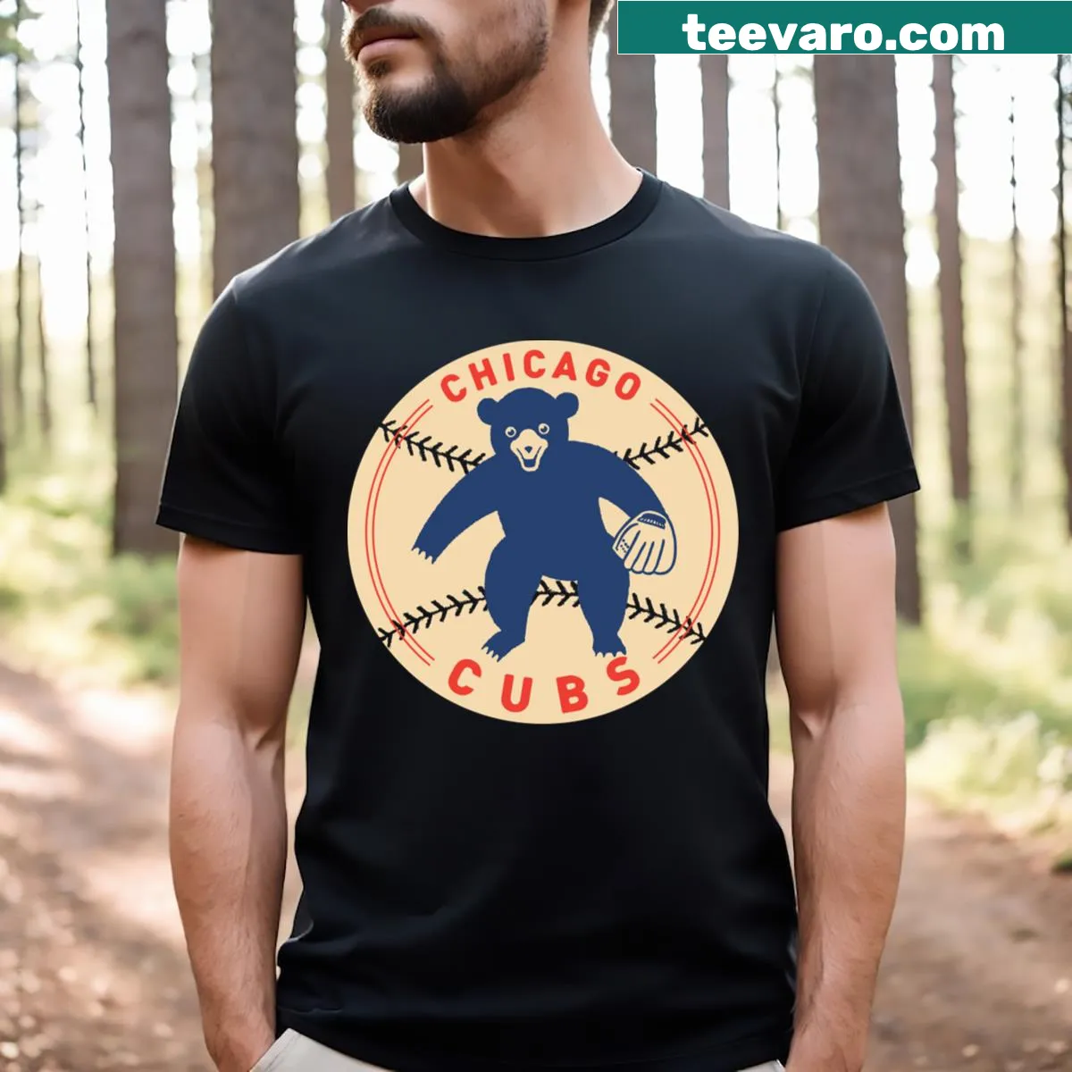 Playful illustration of the Chicago Cubs bear mascot on a t-shirt. — on a men's t-shirt