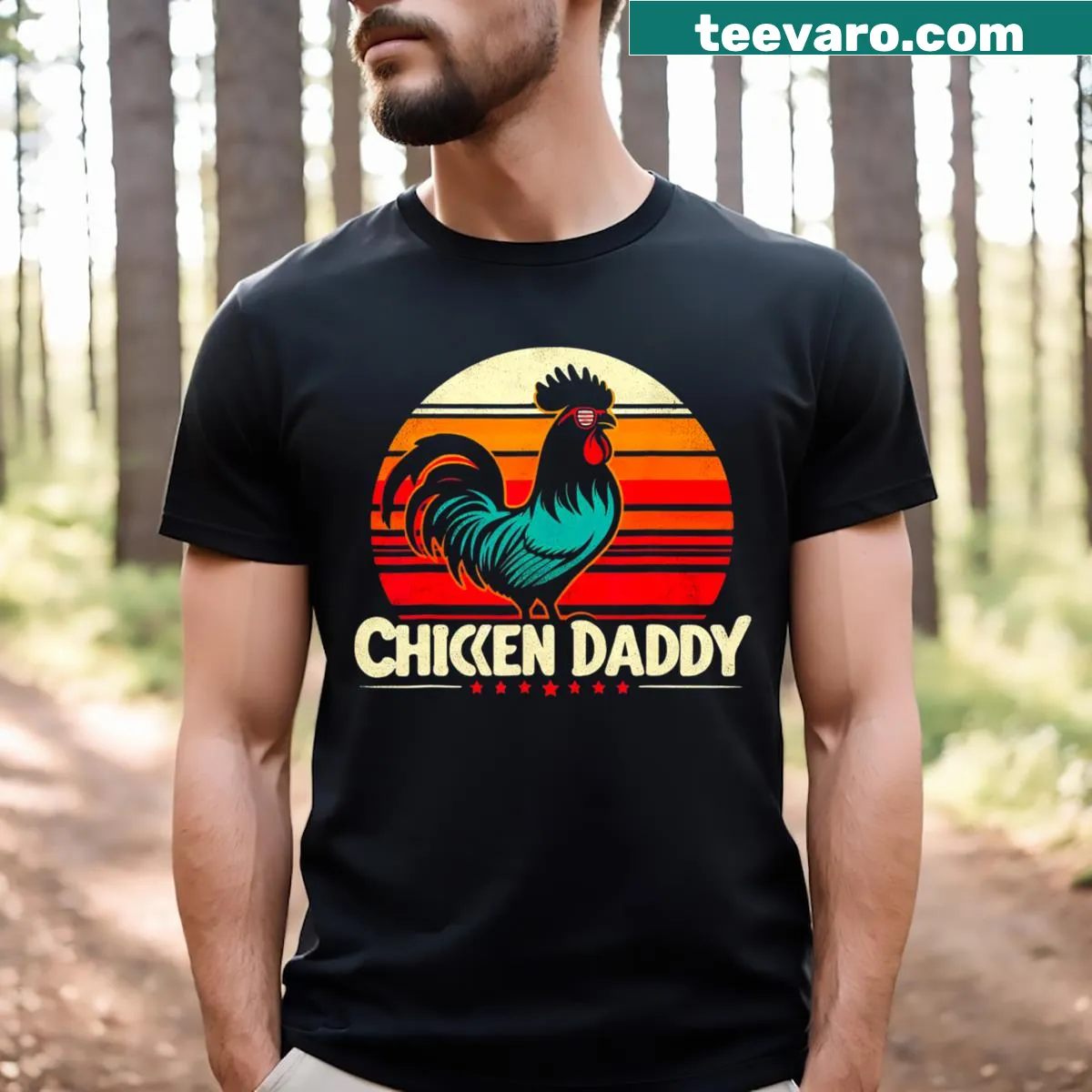 Funny Chicken Daddy t-shirt with playful farm-themed graphic — on a men's t-shirt