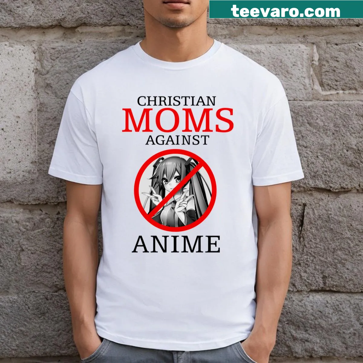 Christian Moms Against Anime t-shirt with bold typography — on a men's t-shirt