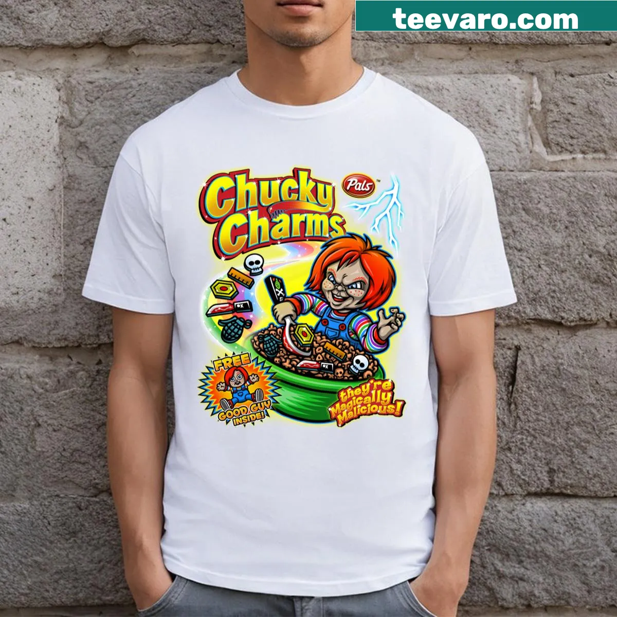 Cartoonish horror character graphic on a T-shirt — on a men's t-shirt