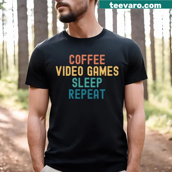Funny video games t-shirt with coffee, sleep, and repeat design