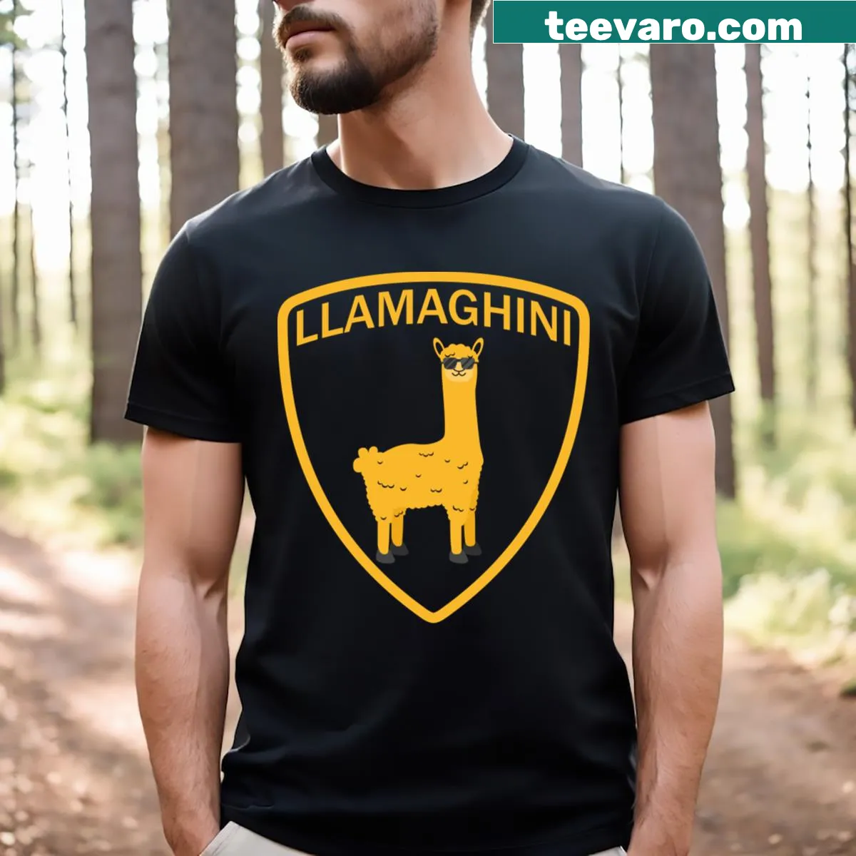 Llamaghini design t-shirt featuring a llama in a sports car — on a men's t-shirt