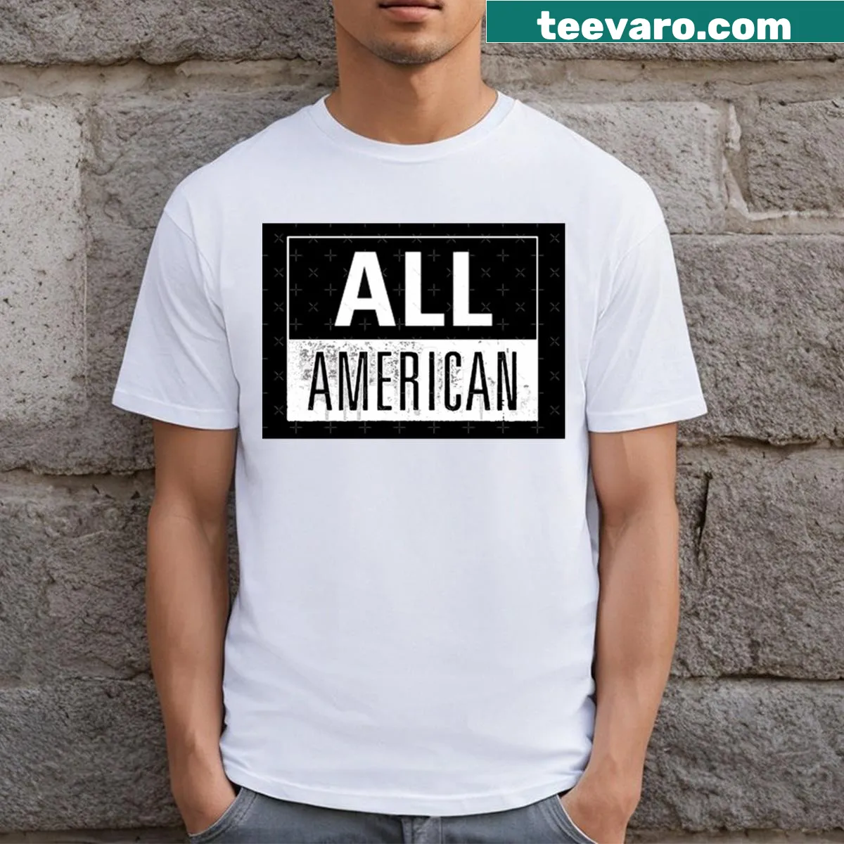 T-shirt featuring various all-American stickers and patriotic symbols — on a men's t-shirt