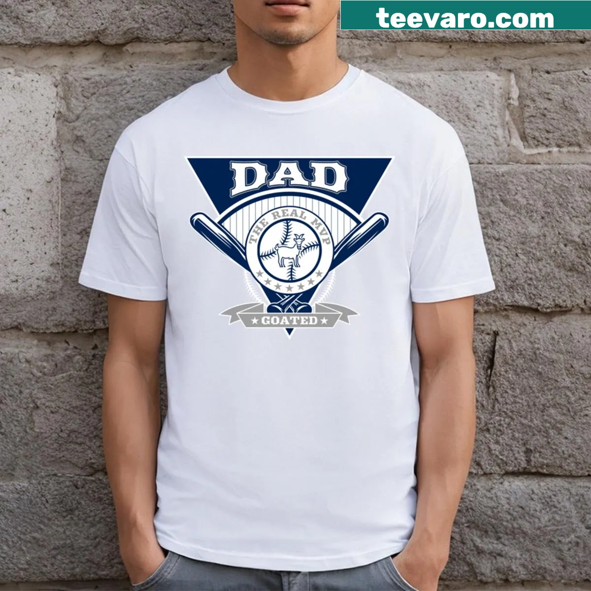 Playful t-shirt with 'Dad Goated The Real MVP' text — on a men's t-shirt