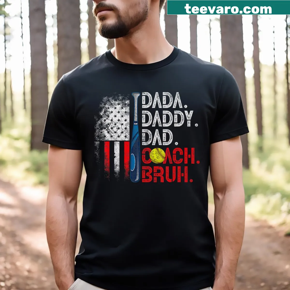 Illustration of a softball dad with USA flag and text about being a dad — on a men's t-shirt