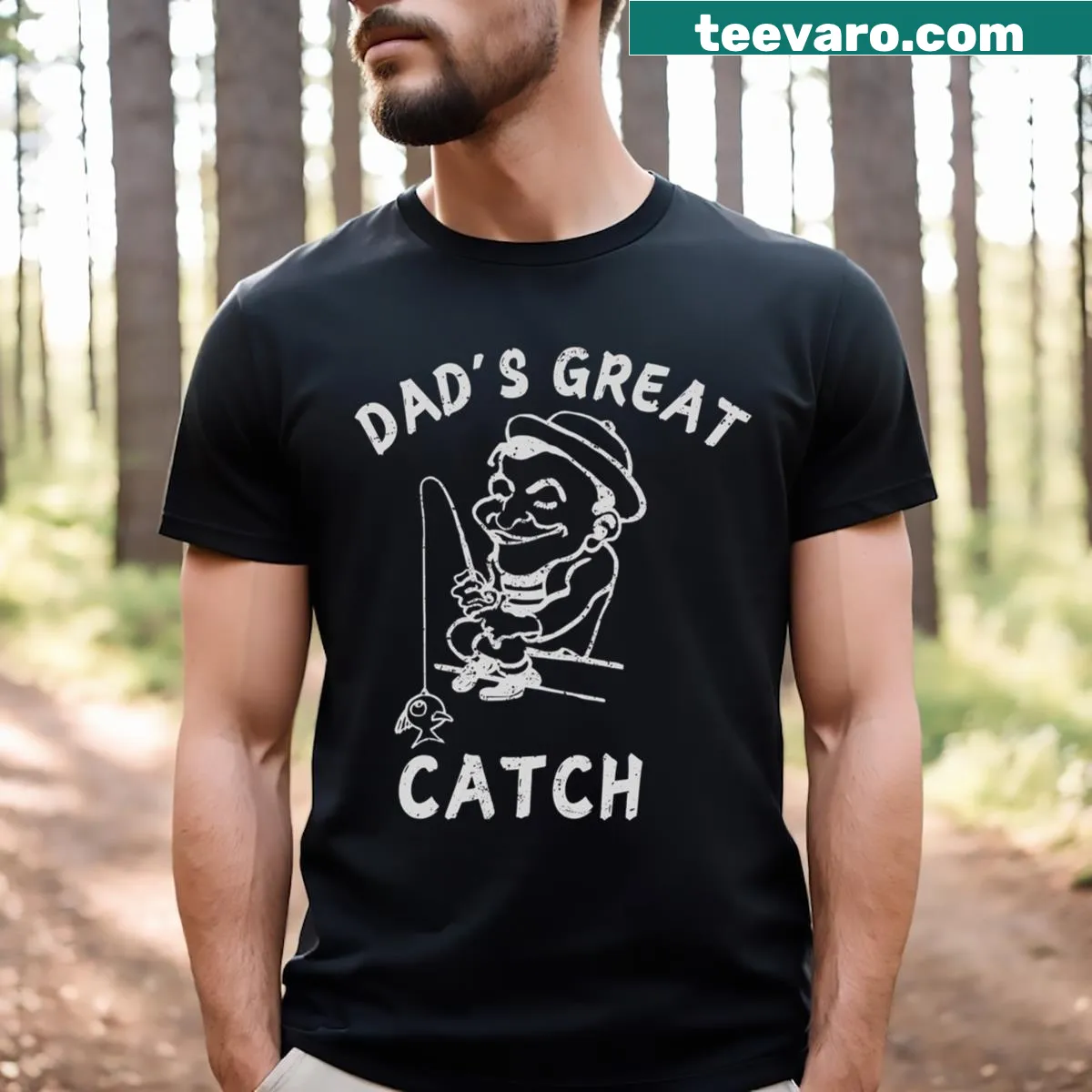 Playful shirt with Dad's Great Catch text celebrating fatherhood — on a men's t-shirt