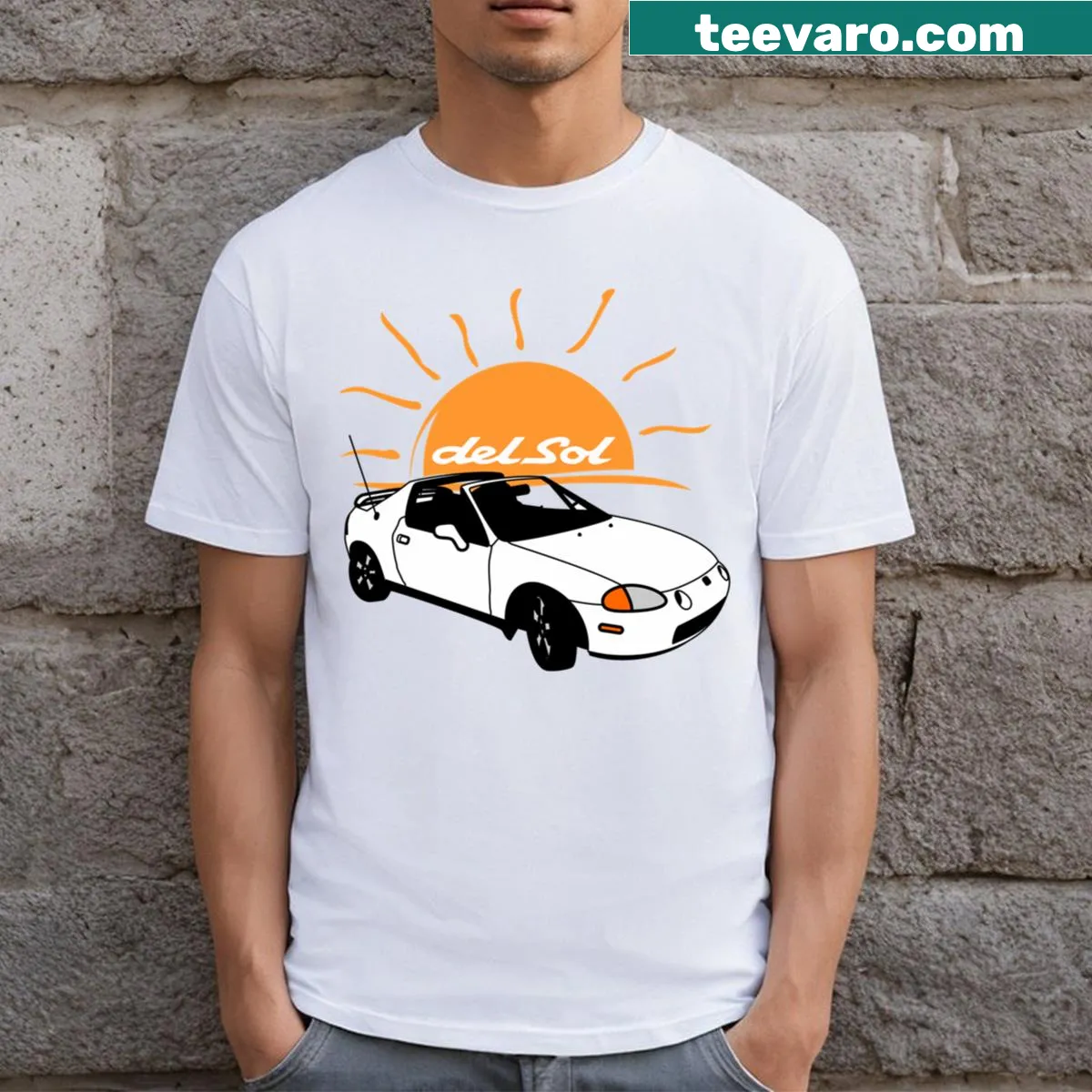 Illustrated Del Sol sports car graphic t-shirt — on a men's t-shirt