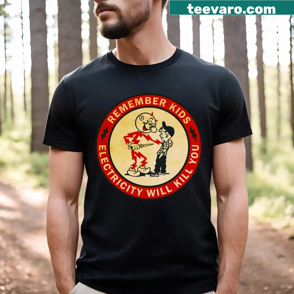 Vintage Electricity Will Kill You t-shirt with bold text — on a men's t-shirt