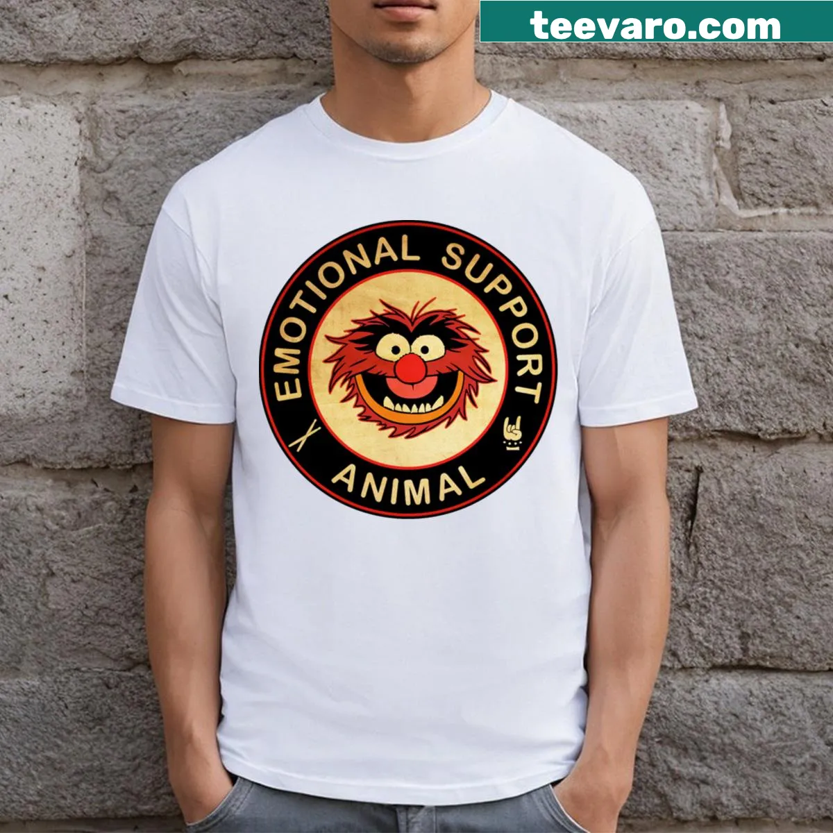 Funny t-shirt with 'Emotional Support Animal' text and Muppets theme — on a men's t-shirt