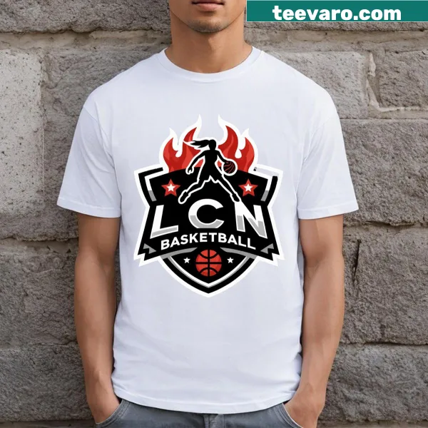 Illustrative shield logo T-shirt promoting female basketball players.