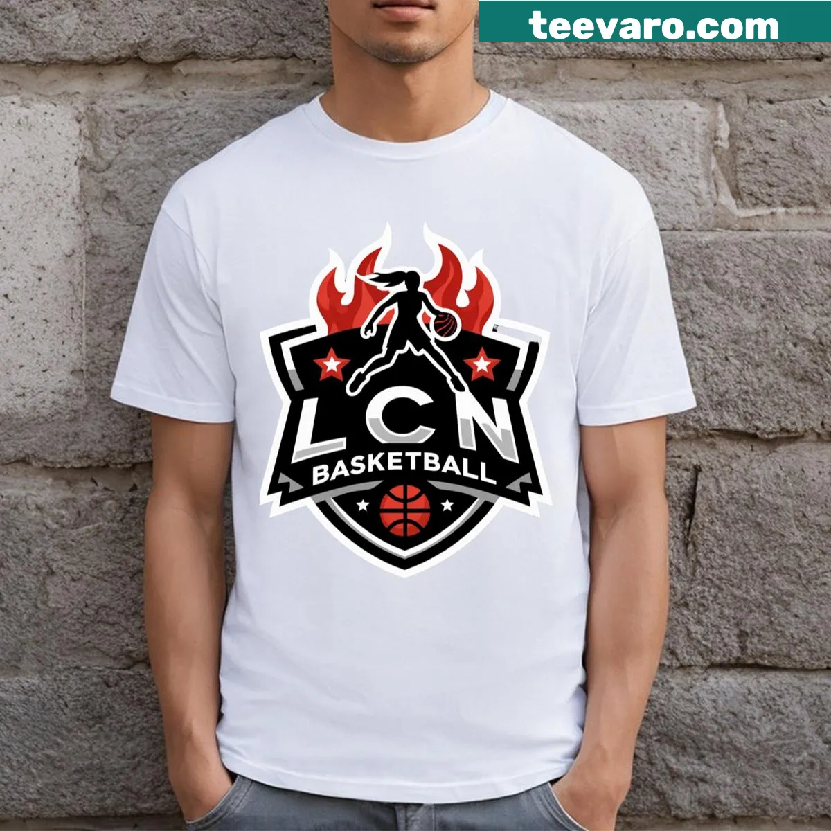 Illustrative shield logo T-shirt promoting female basketball players. — on a men's t-shirt
