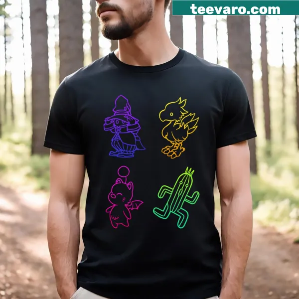 Outline graphic of iconic Final Fantasy characters on a T-shirt