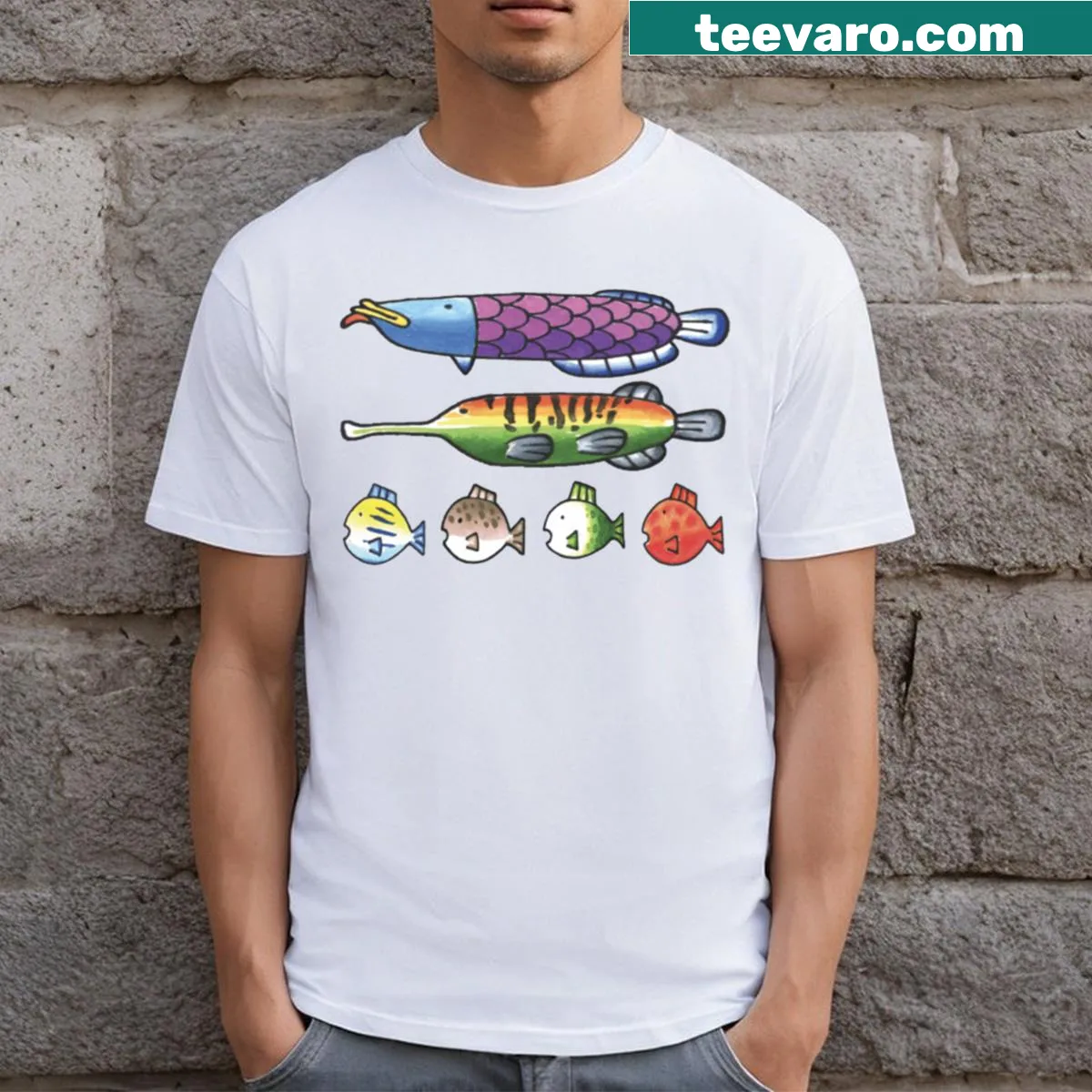 Fun graphic of fish species inspired by Wii Sports on a T-shirt — on a men's t-shirt