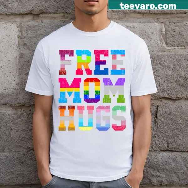 T-shirt with 'Mom Hugs' text celebrating LGBTQ+ pride
