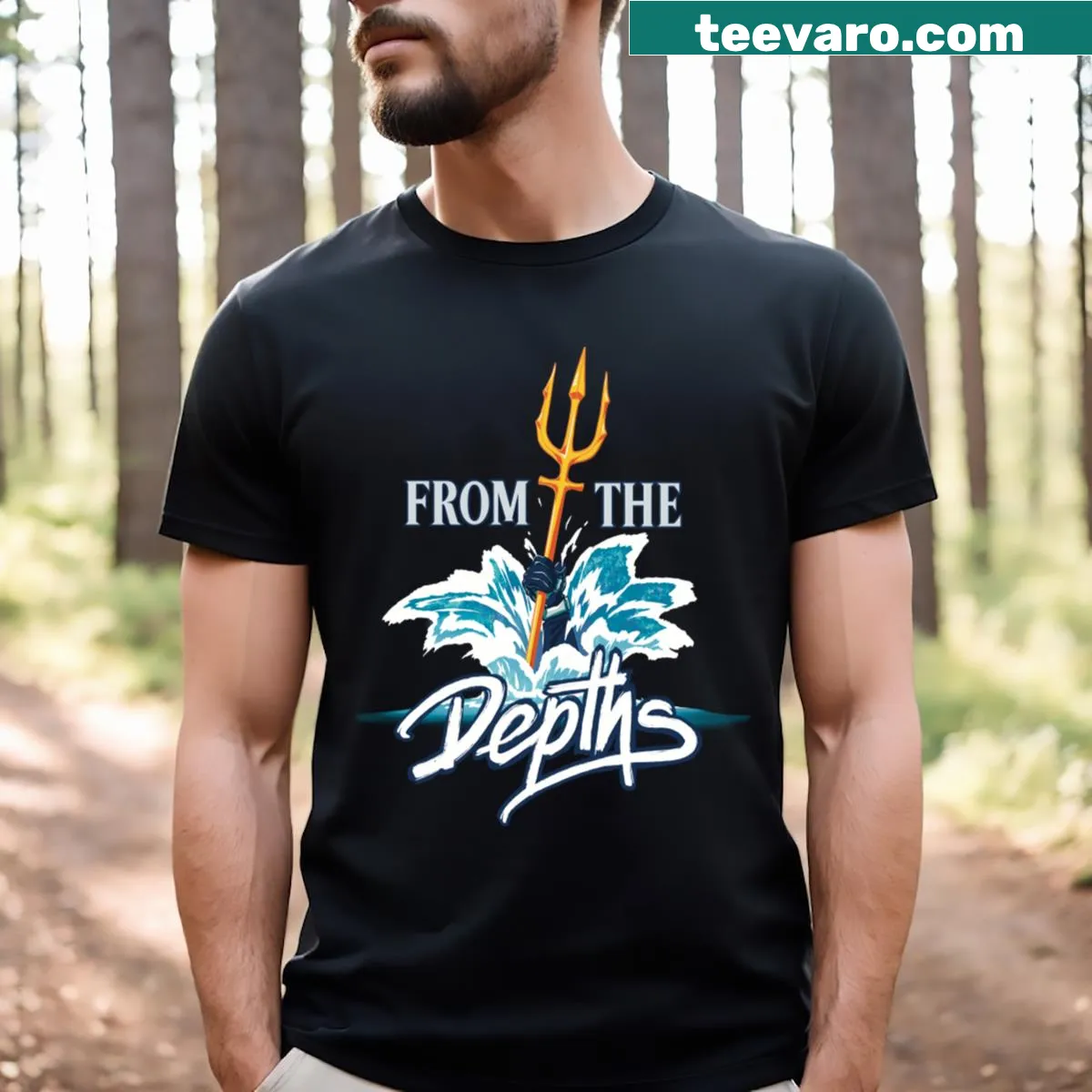 Vintage distressed T-shirt with haunting graphic design from From The Depths — on a men's t-shirt