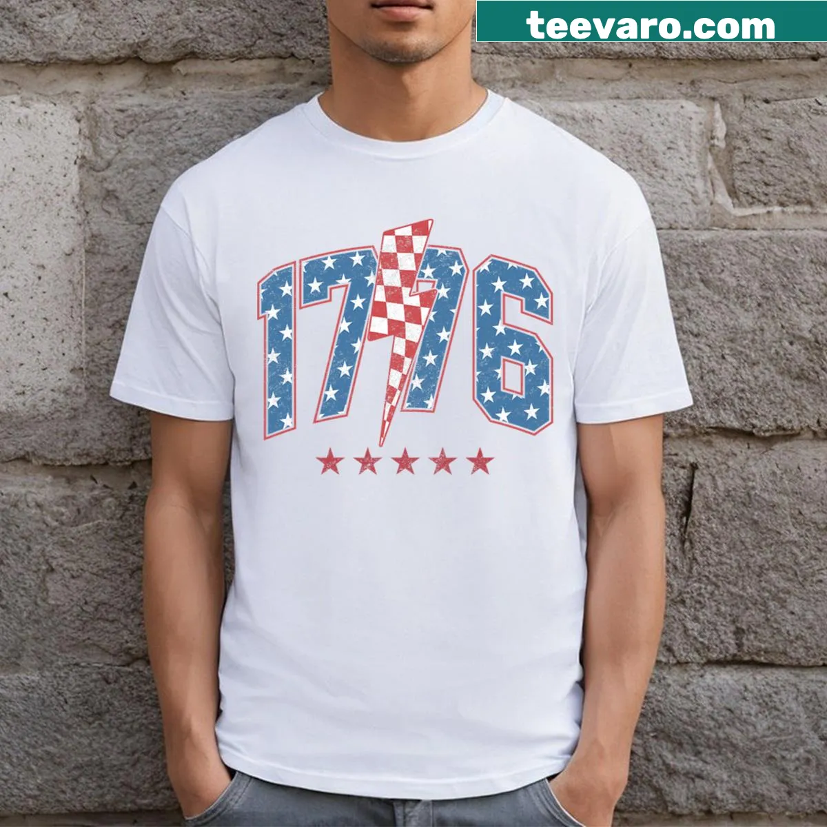 Vintage-style American flag graphic with 1776 text on a T-shirt — on a men's t-shirt