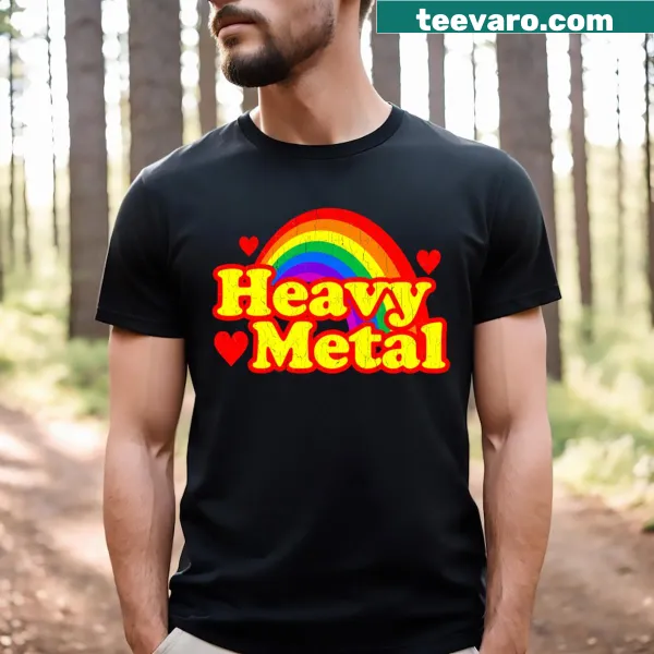 Heavy metal themed tee with a rainbow, skulls, and guitars