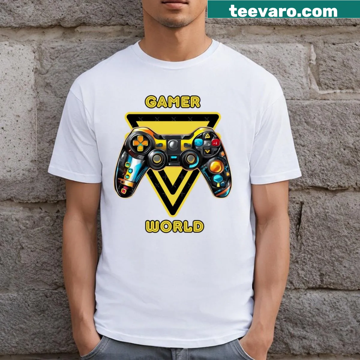 Graphic Gamer World t-shirt with engaging typography — on a men's t-shirt