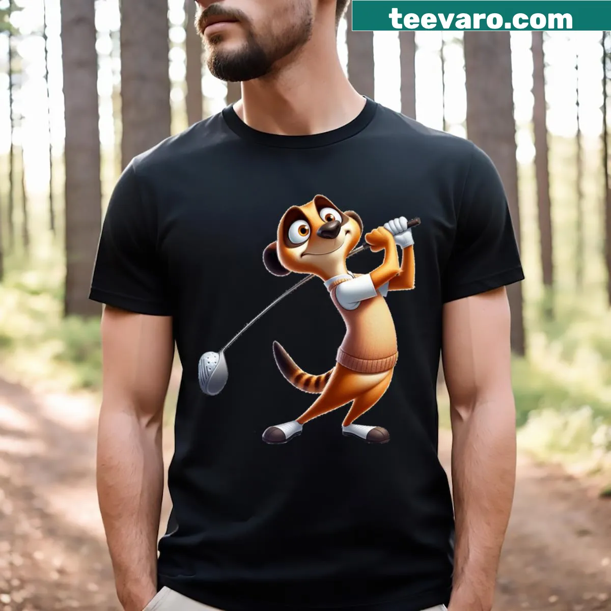 Playful meerkat golf t-shirt with cartoon graphic — on a men's t-shirt
