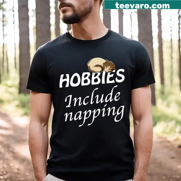 Humorous cat-themed t-shirt with text about napping
