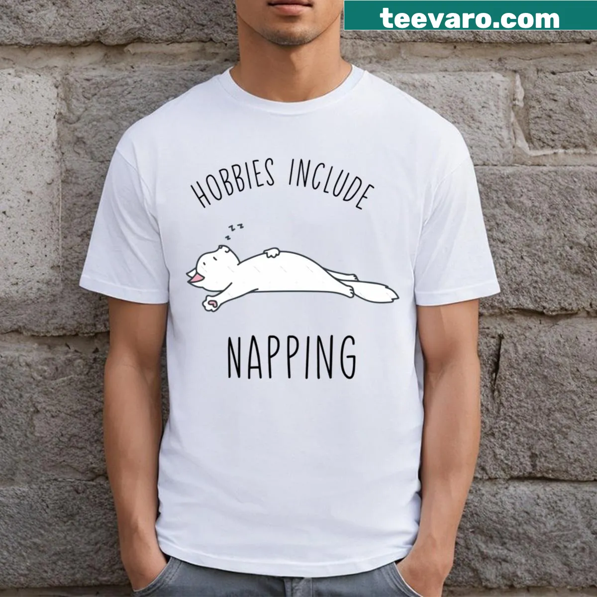 Casual t-shirt featuring the phrase 'Hobbies Include Napping' for cat lovers — on a men's t-shirt