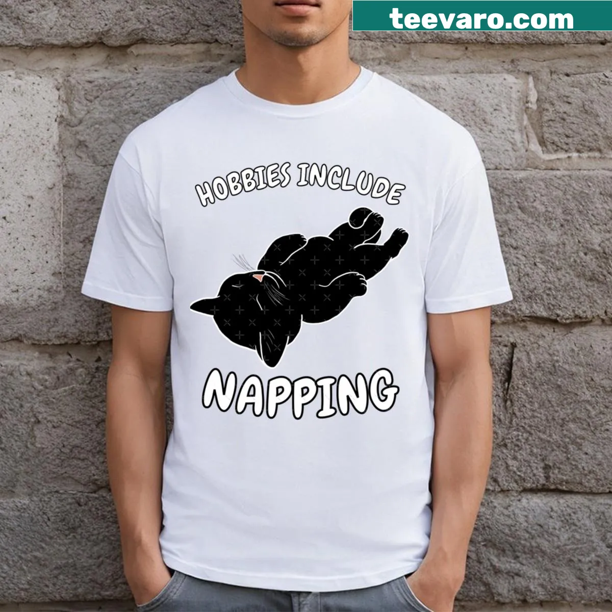 Sleeping black cat graphic T-shirt for cat lovers — on a men's t-shirt
