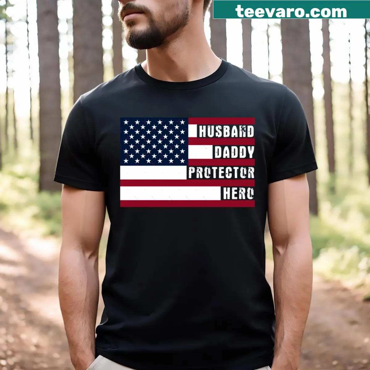 T-shirt with the message 'Husband Daddy Protector Hero' — on a men's t-shirt
