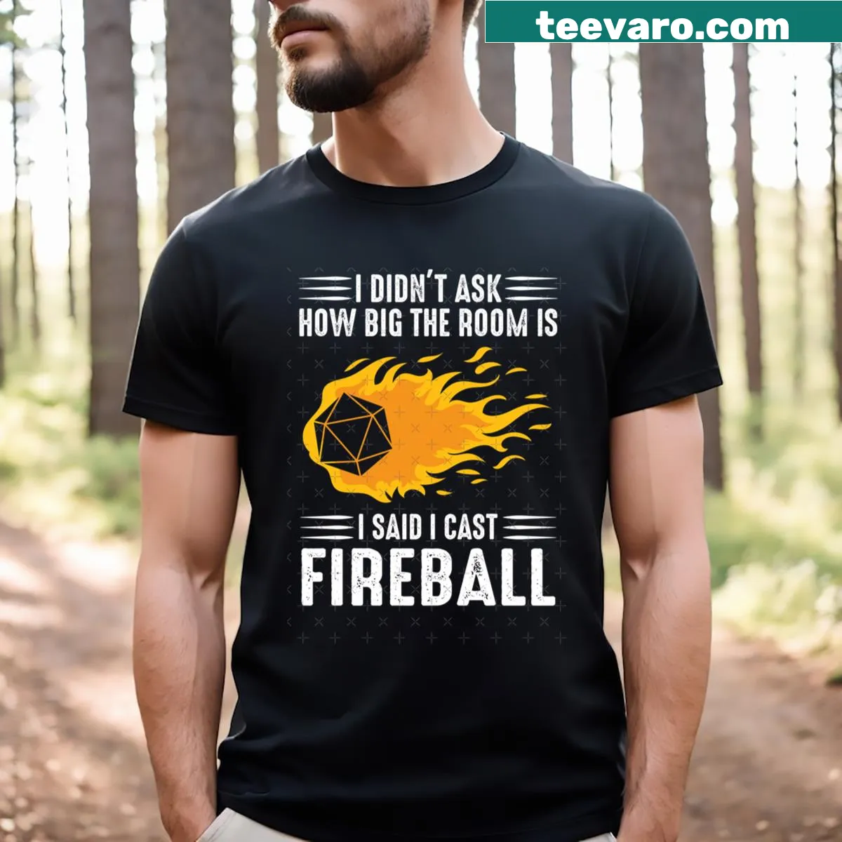 Playful t-shirt featuring 'I Cast Fireball' for RPG enthusiasts — on a men's t-shirt