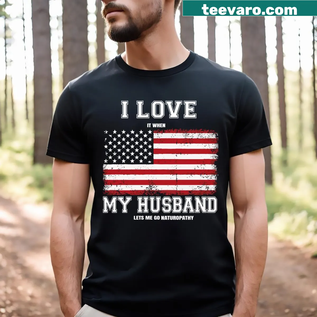 T-shirt with humorous text about naturopathy and USA flag design — on a men's t-shirt