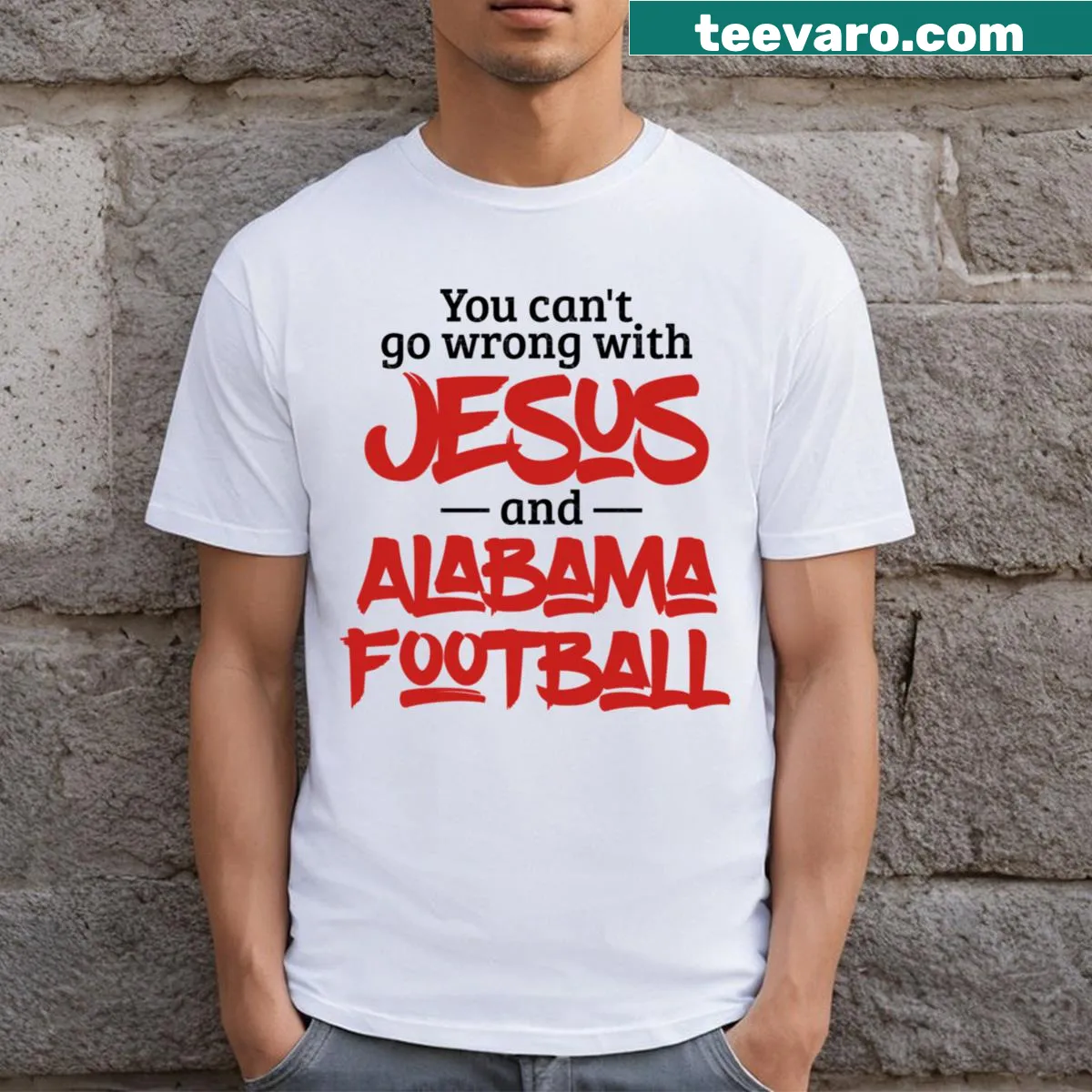 Jesus graphic with Alabama football imagery on a t-shirt — on a men's t-shirt
