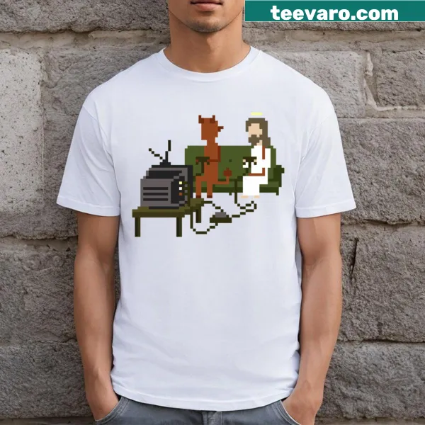 Pixel art T-shirt featuring Jesus and the Devil playing video games
