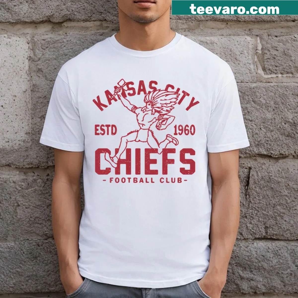 Vintage distressed Kansas City Chiefs t-shirt with retro logo print — on a men's t-shirt