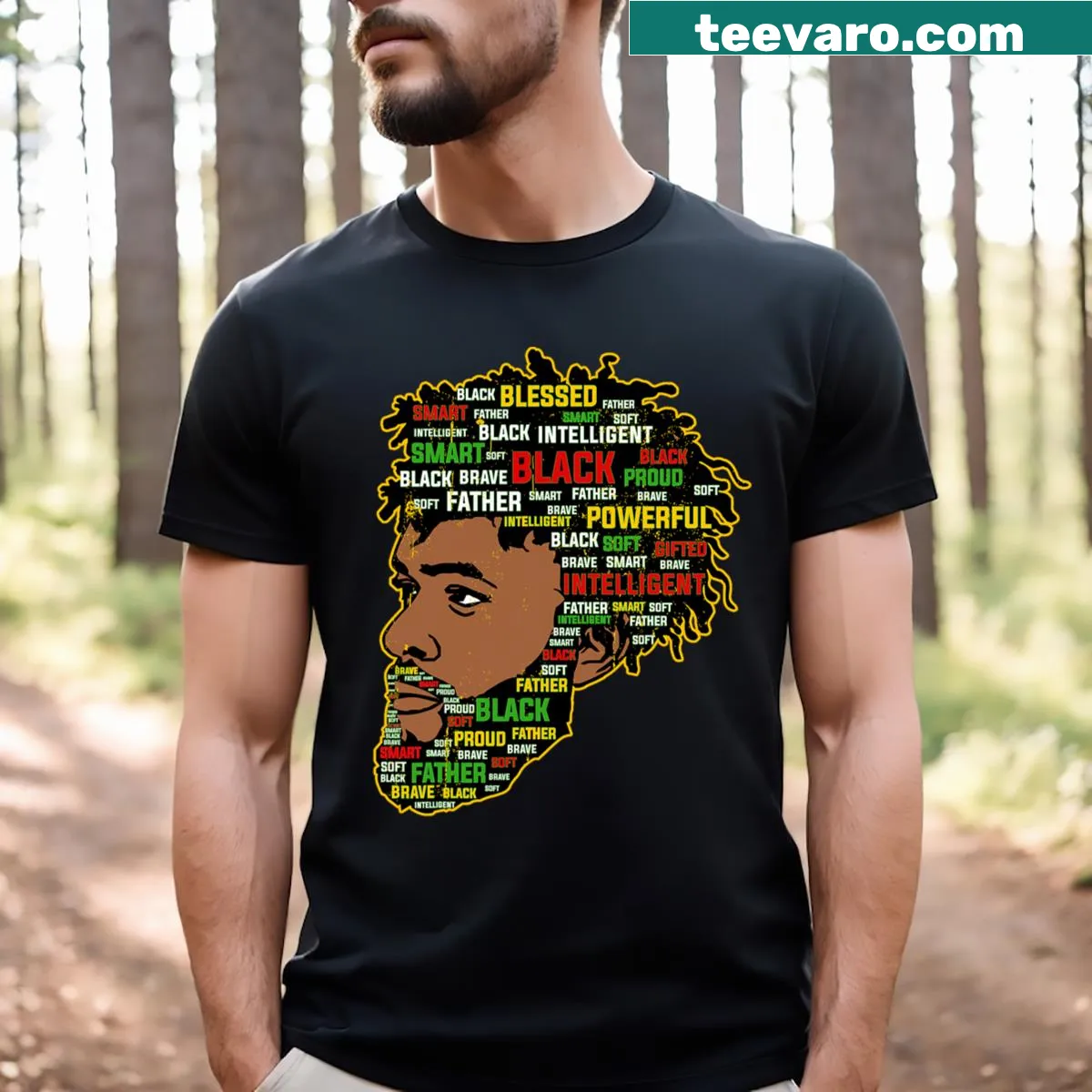 Proud T-shirt with text celebrating a melanated dad — on a men's t-shirt