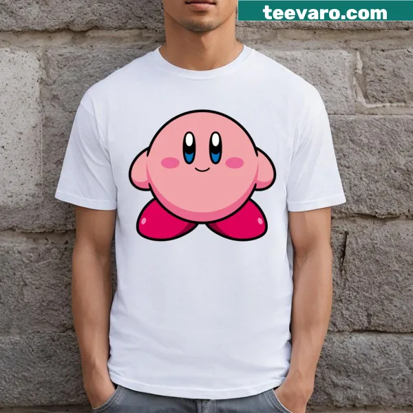 Illustrated Kirby design on a casual gaming-themed t-shirt