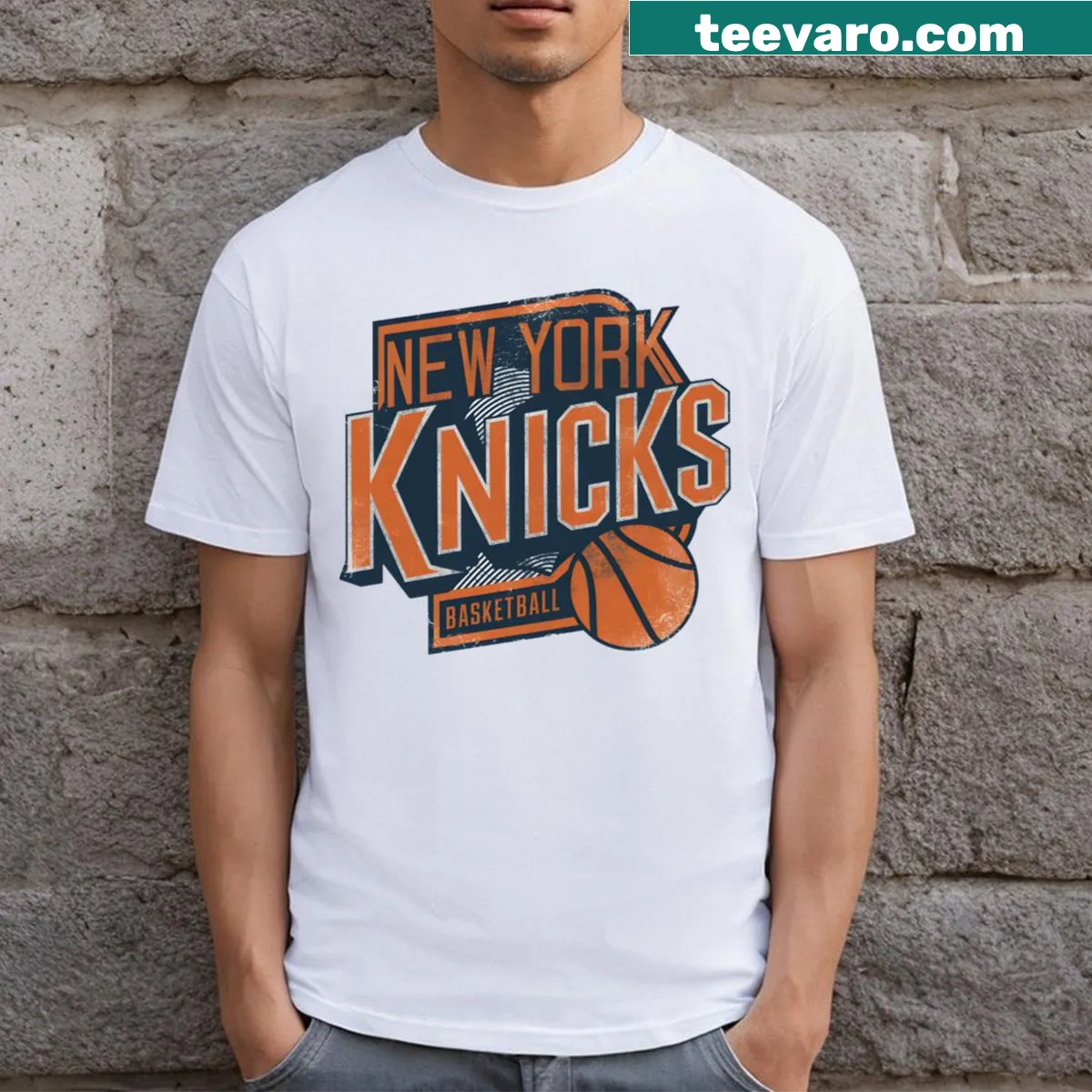 New York Knicks T-shirt featuring the team's logo in clean typography — on a men's t-shirt