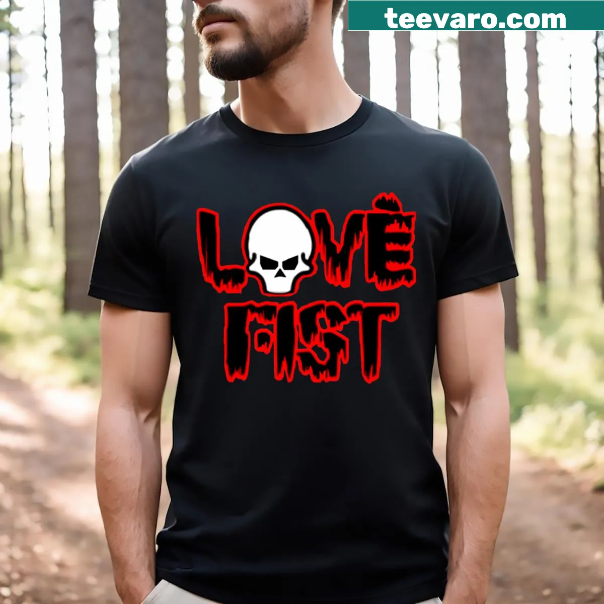 T-shirt celebrating the Love Fist band with bold lettering — on a men's t-shirt