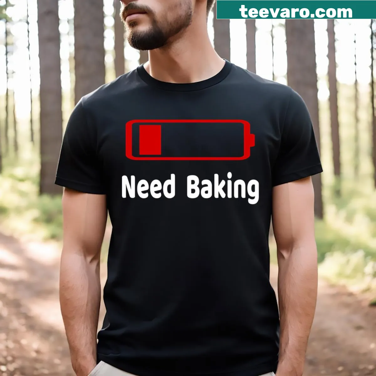 Humorous t-shirt with a baking-themed low battery slogan — on a men's t-shirt
