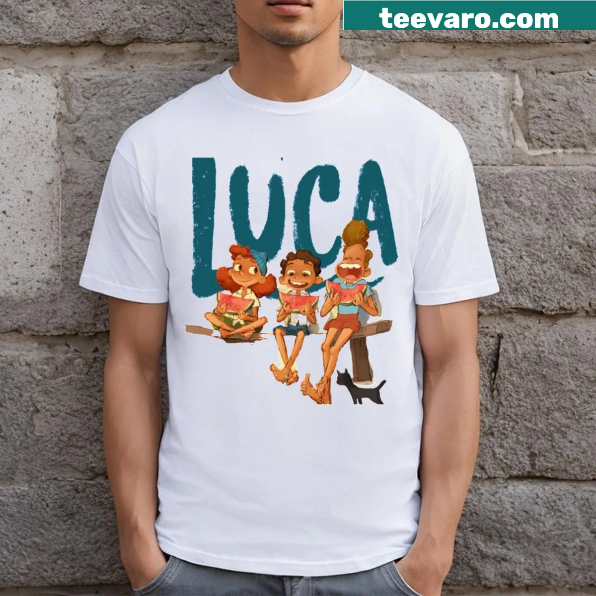Illustrated watermelon slice on a casual t-shirt design — on a men's t-shirt