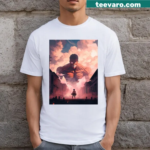 Illustrated graphic of a man facing a titan on the T-shirt