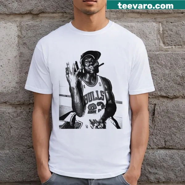 Cartoon drawing of Michael Jordan performing a jump on the T-shirt