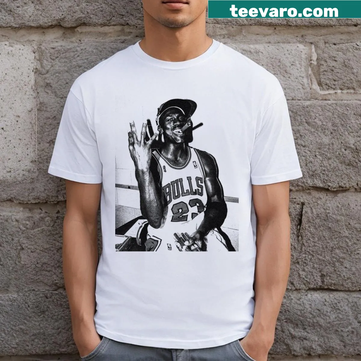 Cartoon drawing of Michael Jordan performing a jump on the T-shirt — on a men's t-shirt