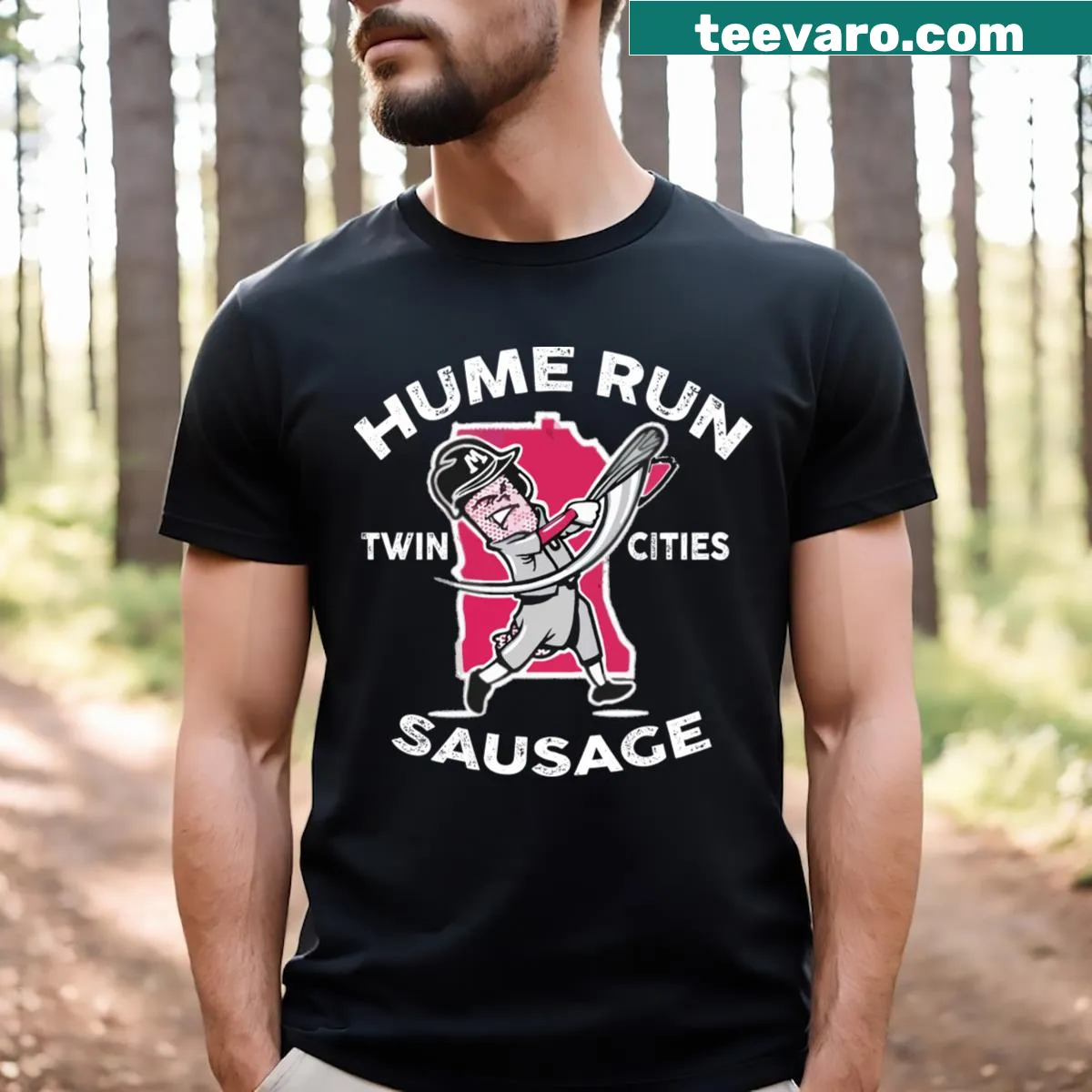 Minnesota Twins t-shirt featuring a sausage and home run graphic — on a men's t-shirt