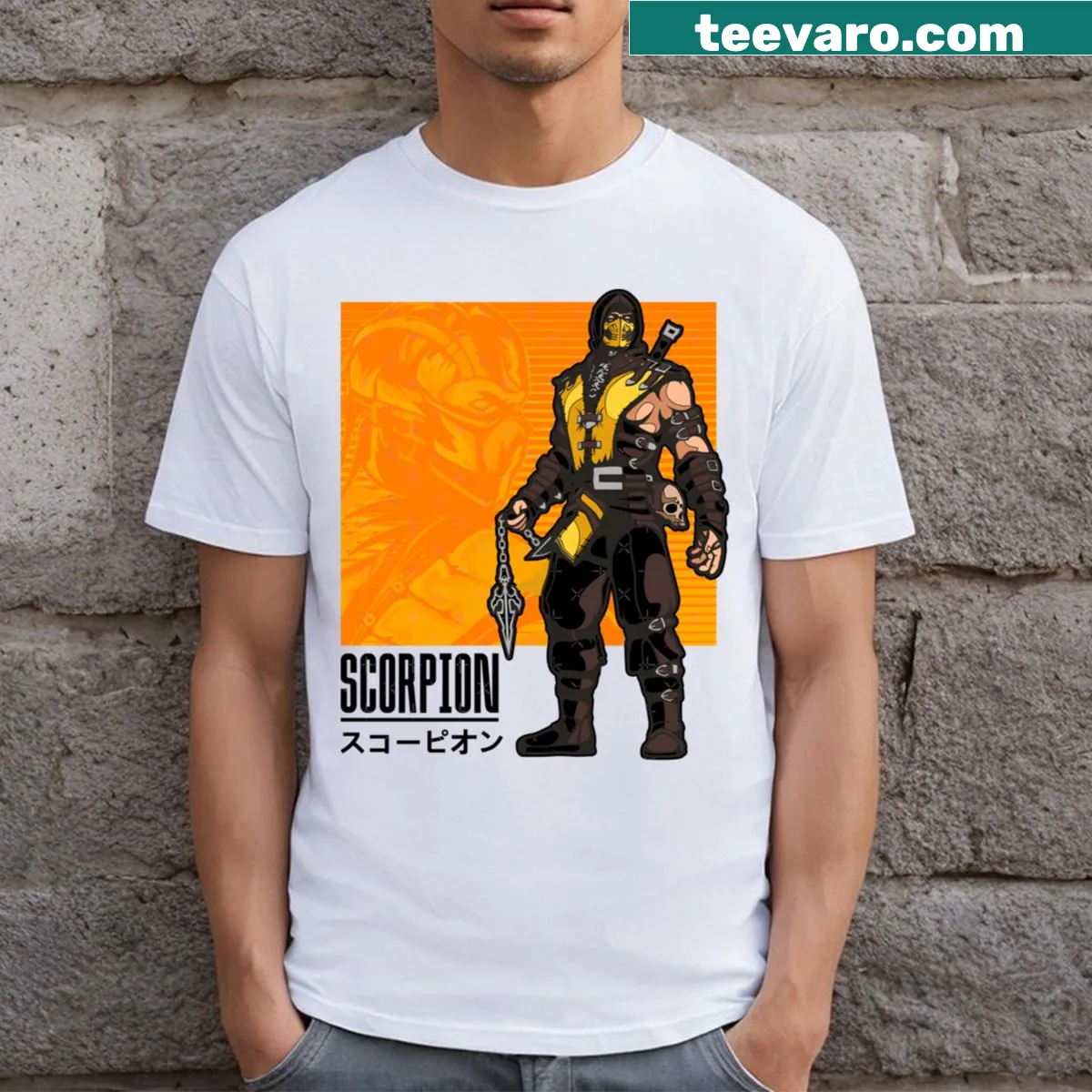 T-shirt featuring a graphic of an MK Scorpion character — on a men's t-shirt
