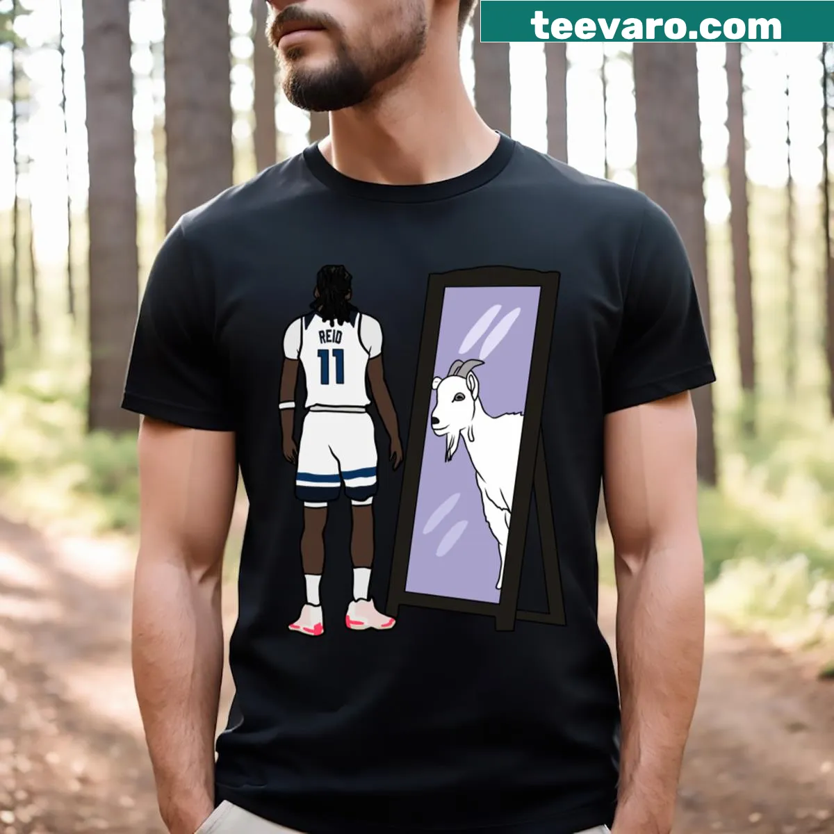 T-shirt featuring a graphic of Naz Reid with a mirror and goat design — on a men's t-shirt