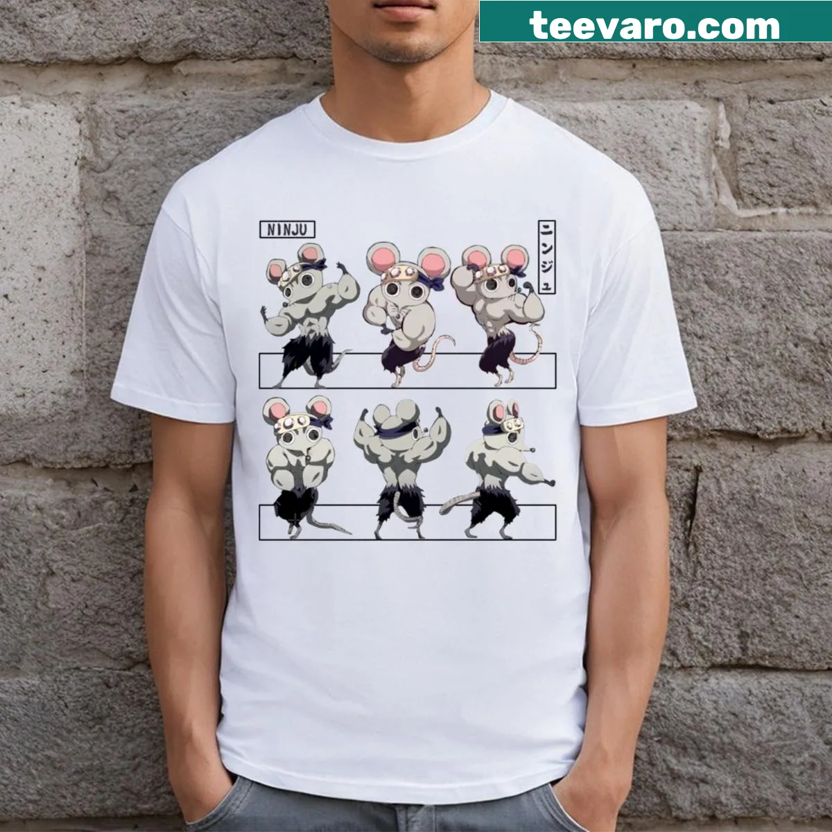 Dynamic illustration of muscular mice inspired by anime on a T-shirt — on a men's t-shirt