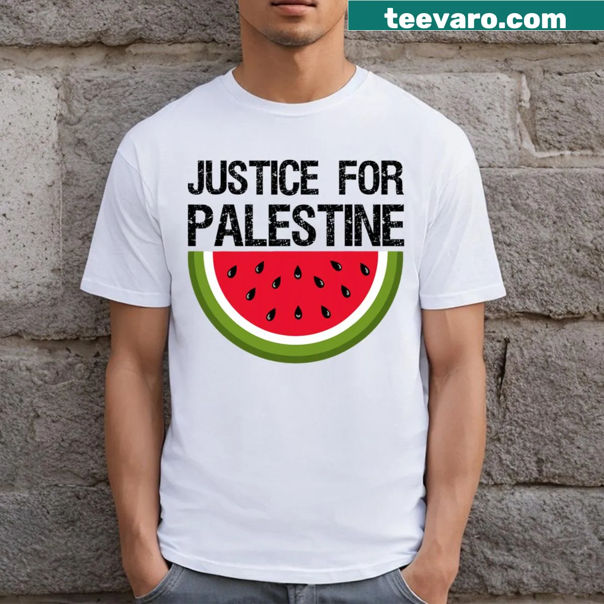 Palestinian-themed t-shirt featuring watermelon flag design — on a men's t-shirt