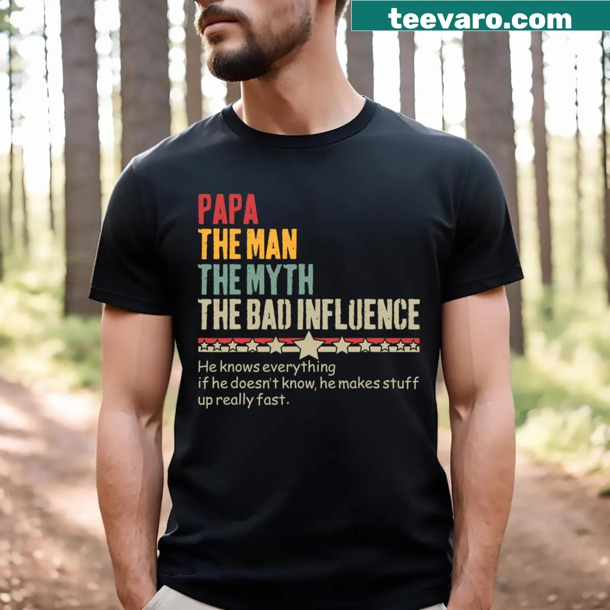 Vintage Fathers Day t-shirt with text: Papa The Man The Myth The Bad Influence — on a men's t-shirt
