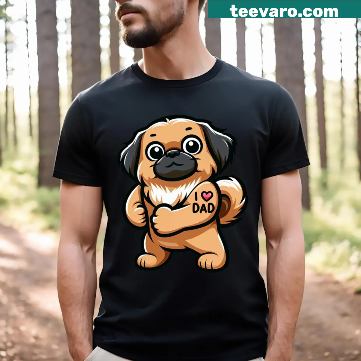 Illustrative T-shirt featuring Pekingese dog and tattoo style text — on a men's t-shirt